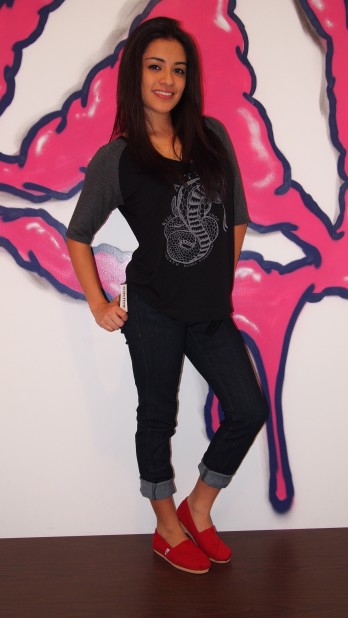 Active Cobra Baseball Raglan in Black, Flying Monkey in Dark Indigo, TOMS Classic Shoe in Red