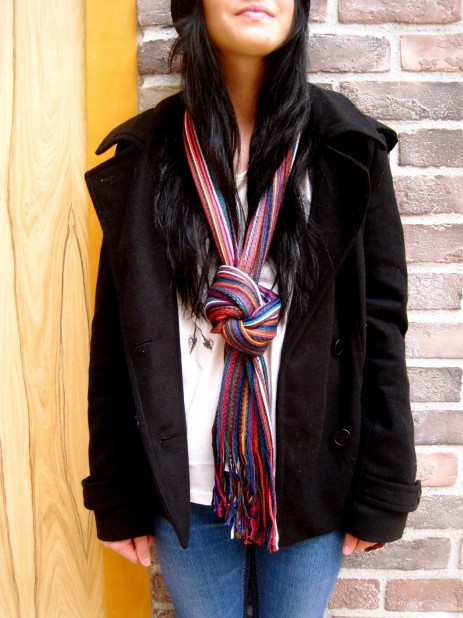 Timing Peacoat paired with a multi color scarf